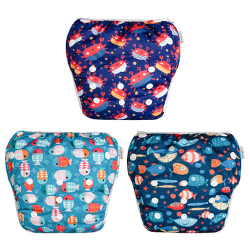 Babygoal Baby Boy Swim Diapers 3 Pack For 8M-3T Babies And Toddlers, Reusable Adjustable Washable For Swimming Lessons-Crab,Fish