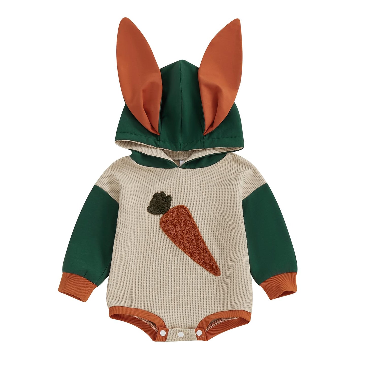 BemeyourBBs Newborn Baby Boy Girl Easter Outfit Bunny Ear Hoodie Romper Long Sleeve Jumpsuit Infant Spring Clothes (Carrot Khaki