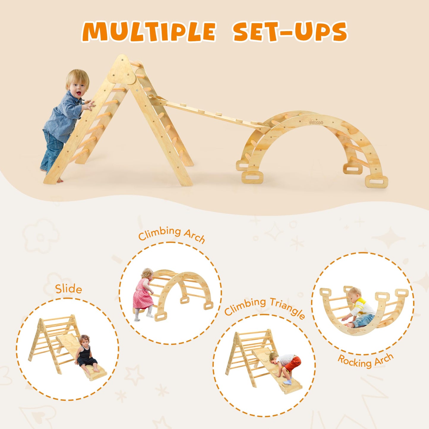 Cozibb Pikler Triangle Set, 5 In 1 Large Wooden Montessori Climbing Toys, Toddlers Indoor Playground, Baby Climbing Set With Ram