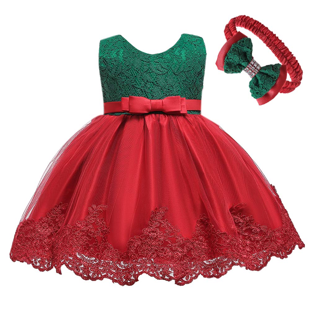 Little Girls Christmas Embroidery Lace Dresses Infant Easter Halloween Wedding Formal Event Dress(Red Green,120) 5-6 Years