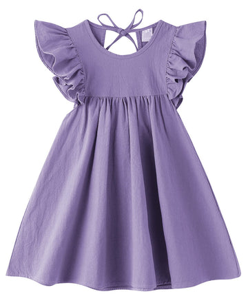 Lyxiof Toddler Baby Girl Cotton Linen Dress Ruffle Sleeve Halter Sleeveless Kids Casual Dresses Dark Purple 130Cm