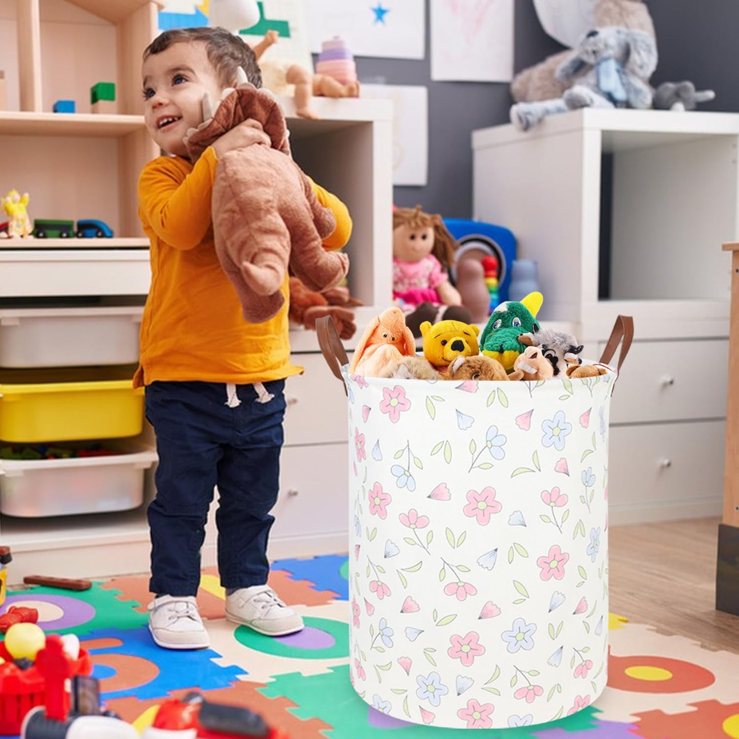 Fxocshe Flower Patter Laundry Hamper,Girls Laundry Basket,Waterproof Foldable Kid'S Laundry Basket,Baby Girls Nursery Hamper,Gif