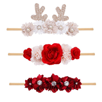 Cherrboll 3Pcs Baby Girl Flower Headbands, Super Soft & Stretchy Red Floral Hairbands For Newborn Toddler Christmas