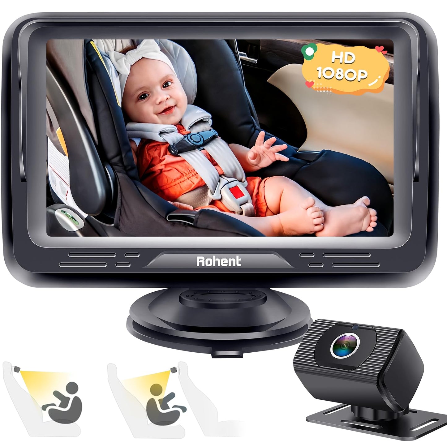 Rohent Baby Car Camera HD 1080P - Rear-Facing Infant Monitor with Night Vision Car Camera for Baby 150 Wide-Angle Lens Anti-Glar