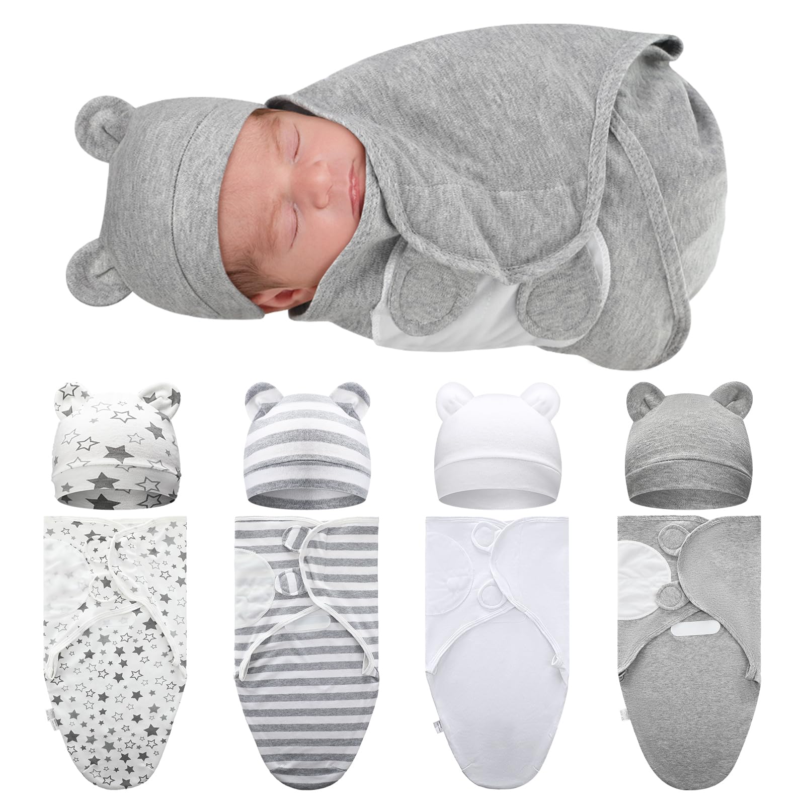 Buryeah 4 Pack Preemie Swaddle Blanket Wrap Set with Hat for Baby Boys Girls 3-7 Lbs Preemie Newborn Clothes Sleepers Cap(Gray,S