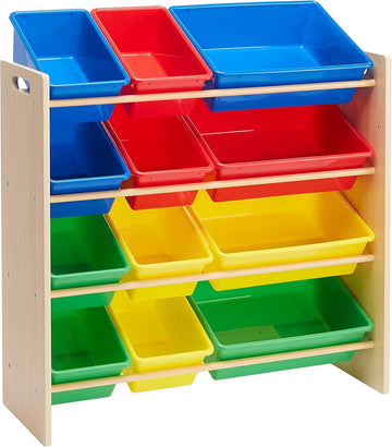 Snazzy Primary Kids Toy Storage Organizer With 12 Plastic Bins, (Beige)