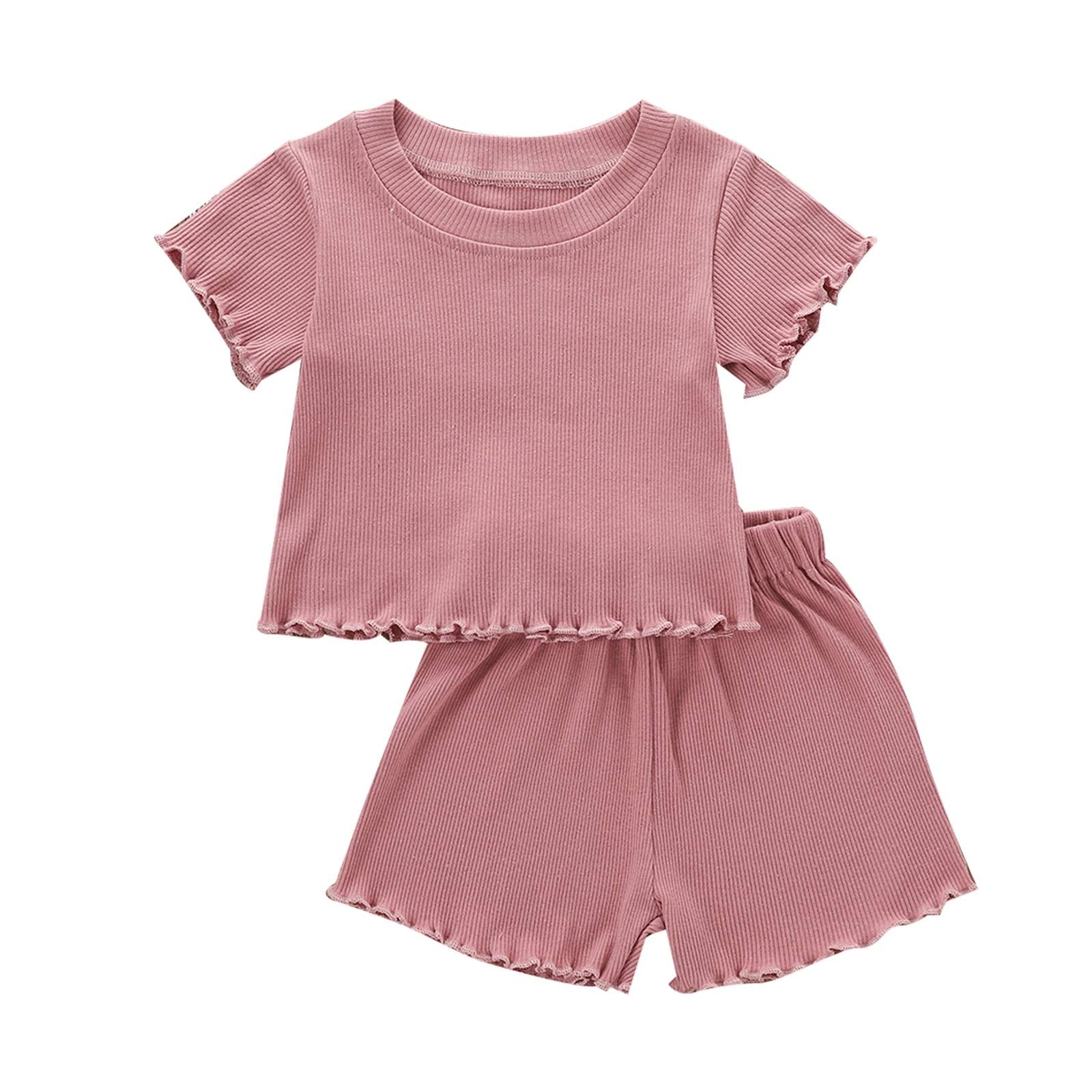Dimoybabe 6-9 Months Baby Girl Clothes Toddler Girl Summer Outfits Clothes Set Ruffle Ribbed Short Sleeves T-Shirt Tops Shorts C