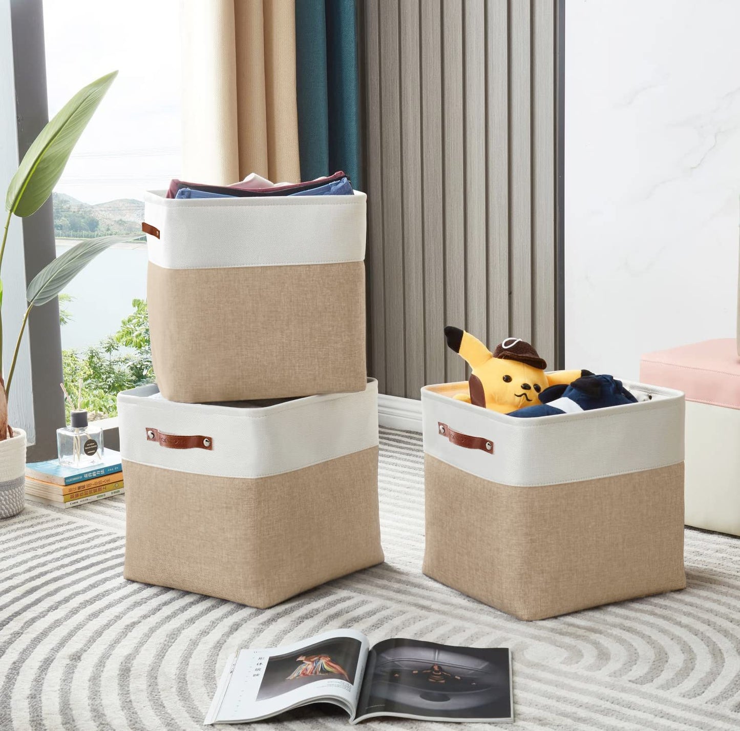 DECOMOMO 13 Inch Cube Storage Bins, Fabric Storage Cube, Basket for Kallax Shelves (Beige & White, Cube 13 - 4 Pack)