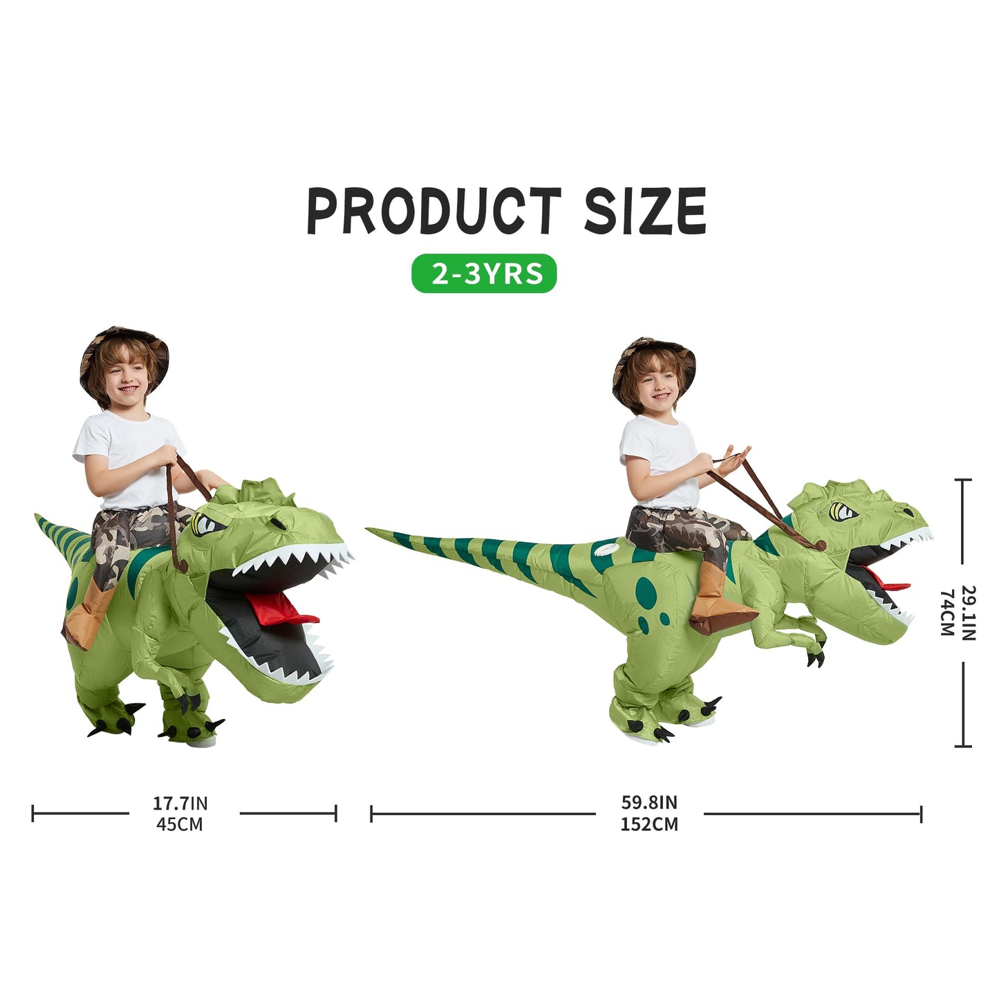 One Casa Inflatable Dinosaur Costume Riding T Rex Air Blow Up Funny Fancy Dress Party Halloween Costume For Kids (2-3 Yrs)