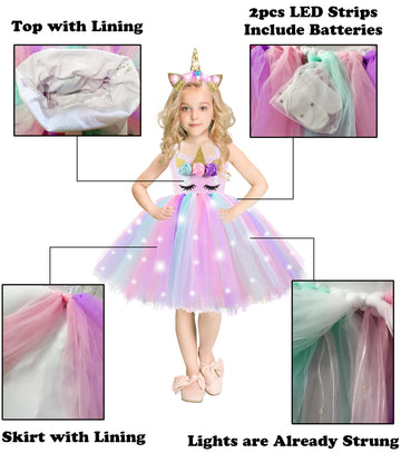 Zerostage Sequin Led Lighted Unicorn Halloween Costumes For Girls Tutu Dress With Headband Birthday Outfits Gifts Party Decorati