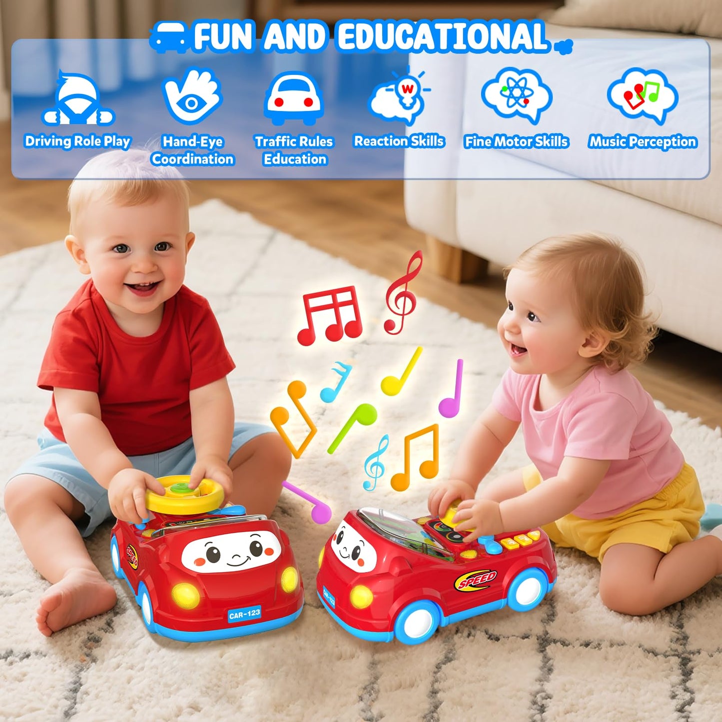 Toys for 1 Year Old Boy Gifts - 2-in-1 Toddler Push Car & Musical Racing Adventure Steering Wheel Driving Game, Interactive Lear