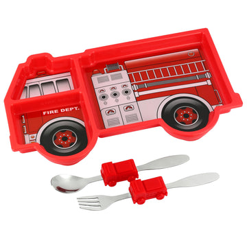 Funwares Fire Engine Kids' Dinnerware Set: Durable, Divided Plate, Ideal For Picky Eaters, Educational Mealtime, Easy Cleaning,