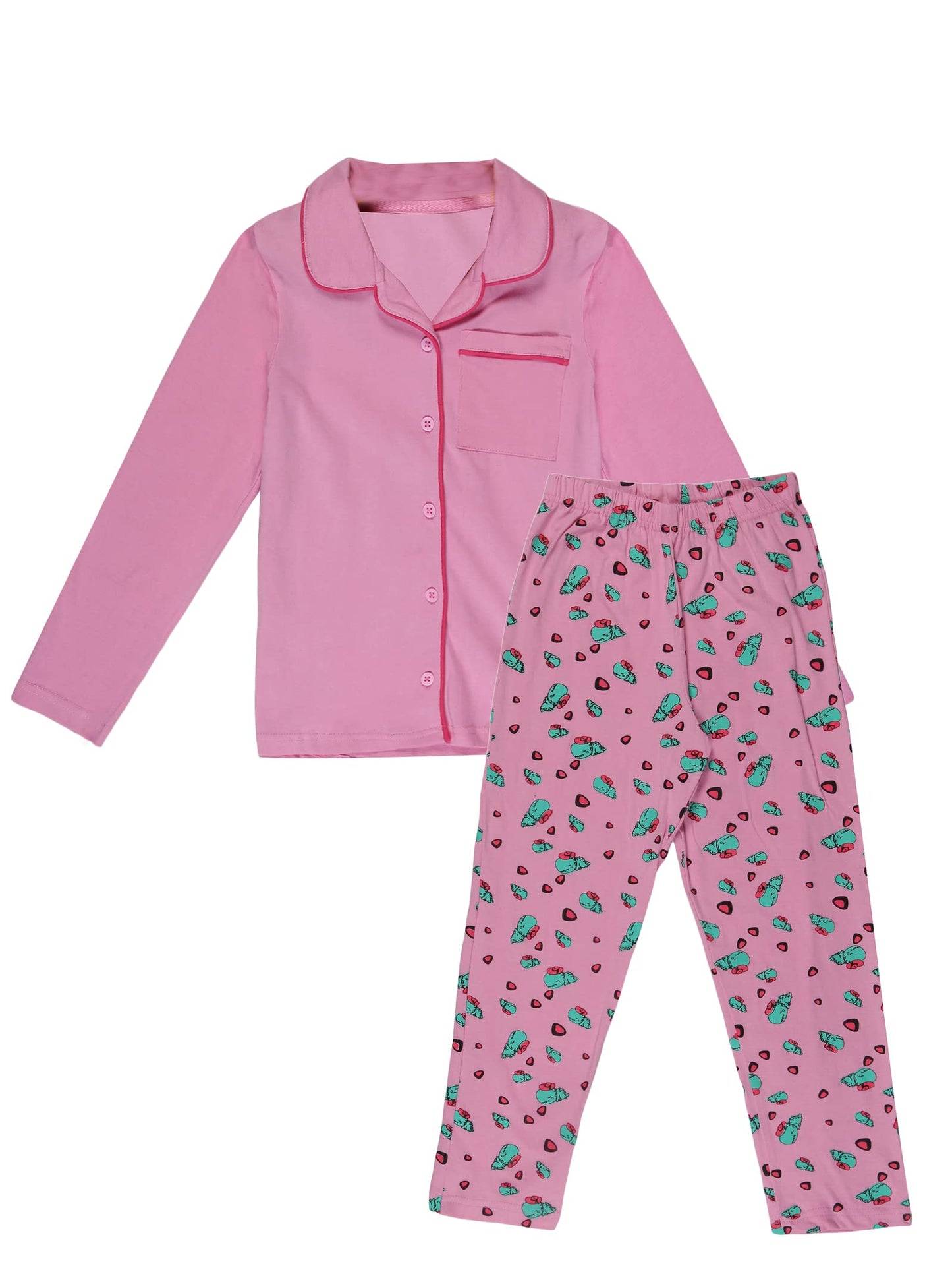KiddoPanti Girls Front Open Shirt & AOP Pyjama Set, Lt Pink, 34Y