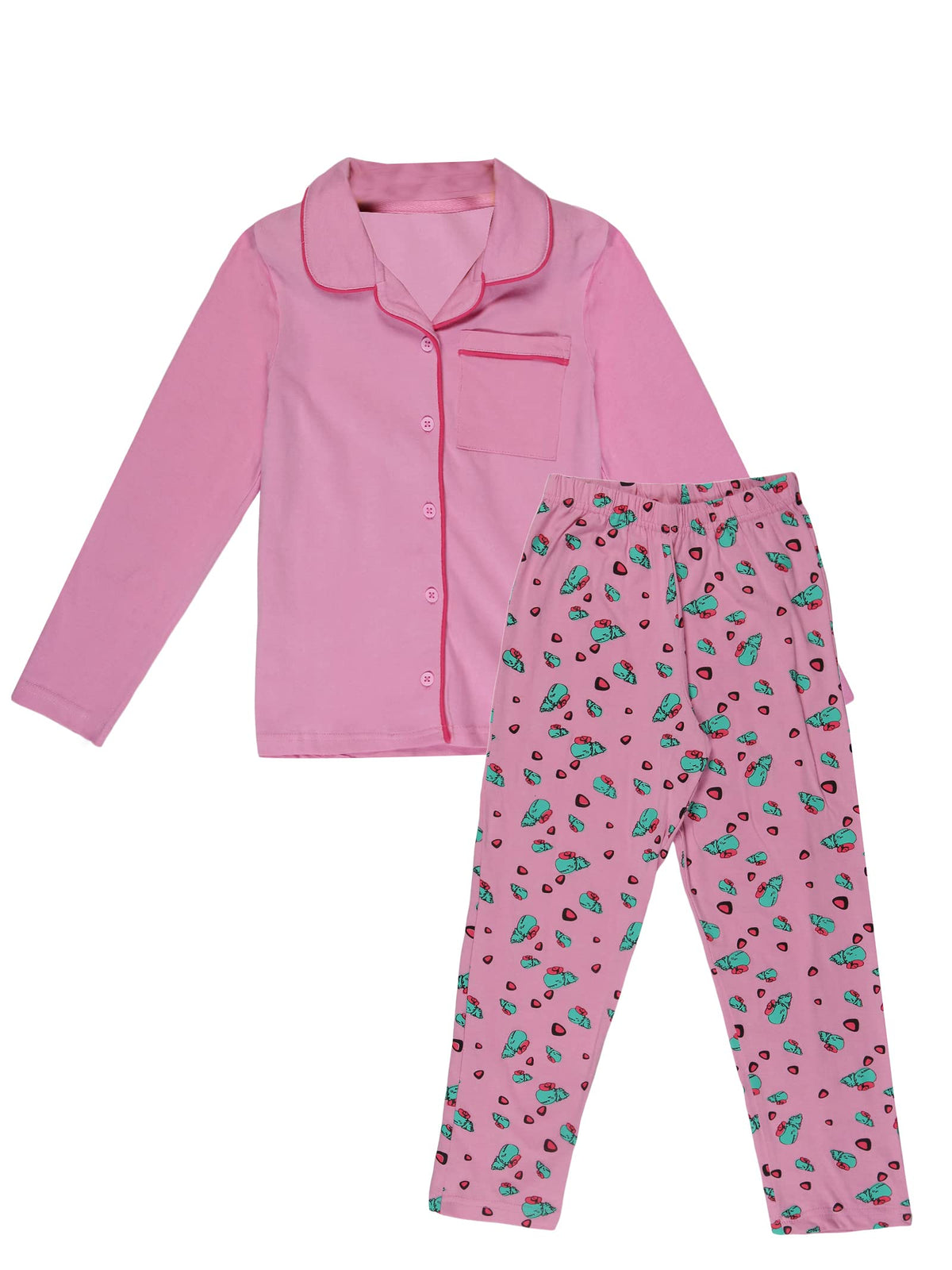 KiddoPanti Girls Front Open Shirt & AOP Pyjama Set, Lt Pink, 34Y