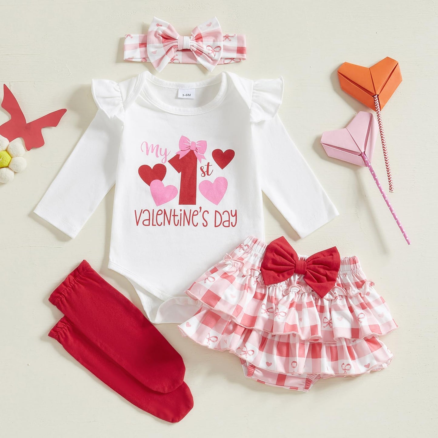 Fybitbo First Valentines Day Baby Girl Outfit Heart Letter Romper Ruffle Tutu Skirt Dress Newborn Infant Girl Clothes Set (White