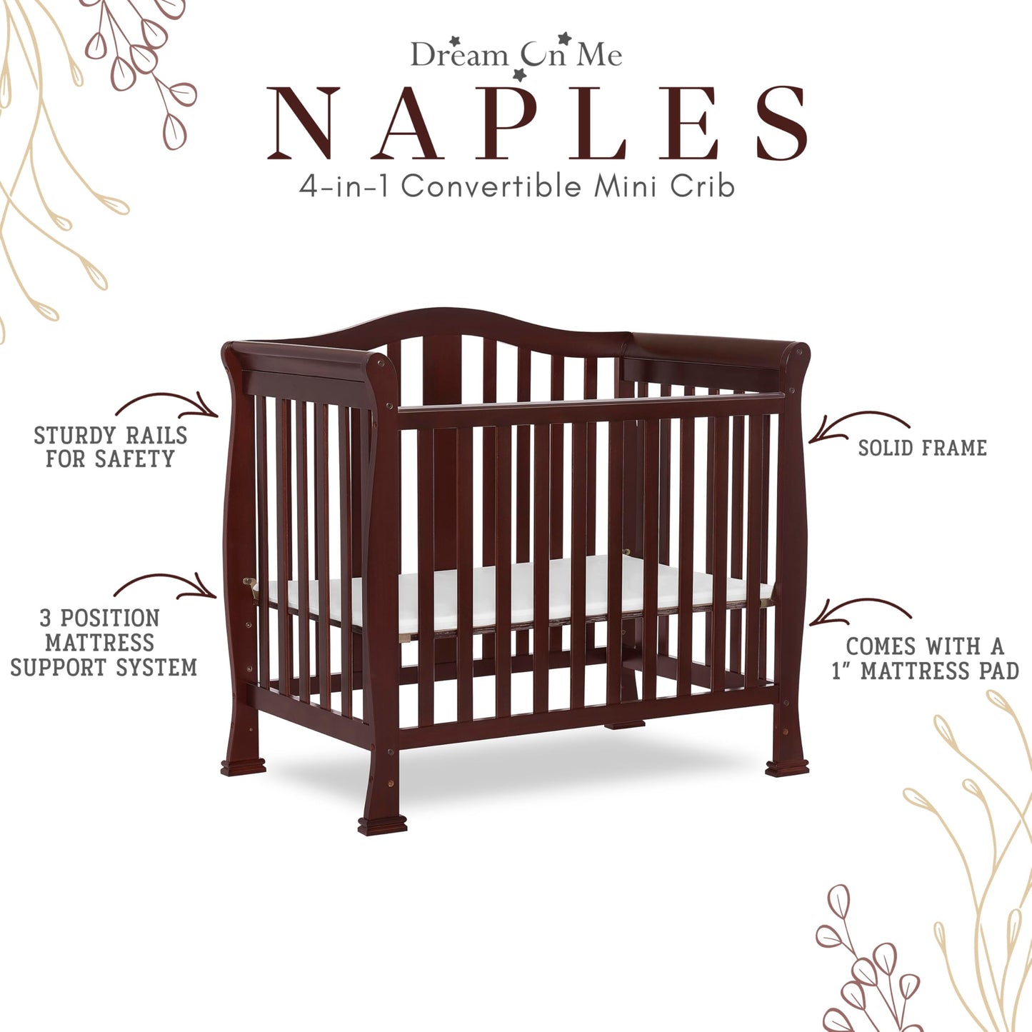 Dream On Me Addison 4-In-1 Convertible Mini Crib In Espresso, Greenguard Gold Certified, Non-Toxic Finishes, Built Of New Zealan