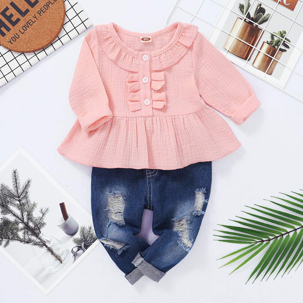 18 Months Girl Clothes Toddler Baby Girl Outfits Ruffle Long Sleeve Top Ripped Denim Jeans Pant Boutique Baby Girl Clothes 18-24