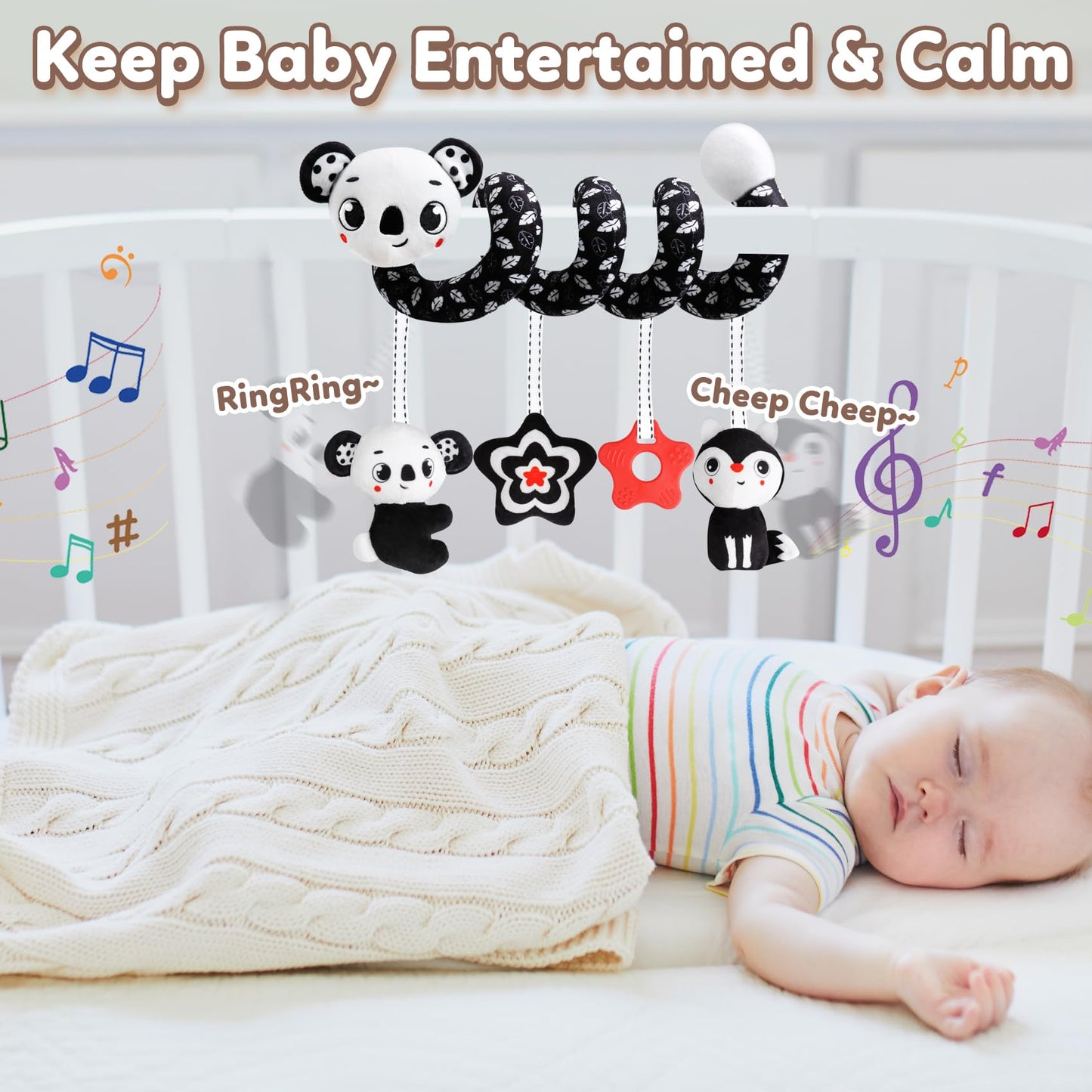 Baby Carseat Toy Black & White Rattle Spiral Hanging Activity Stroller Toy for Newborns Boys and Girls - Coala