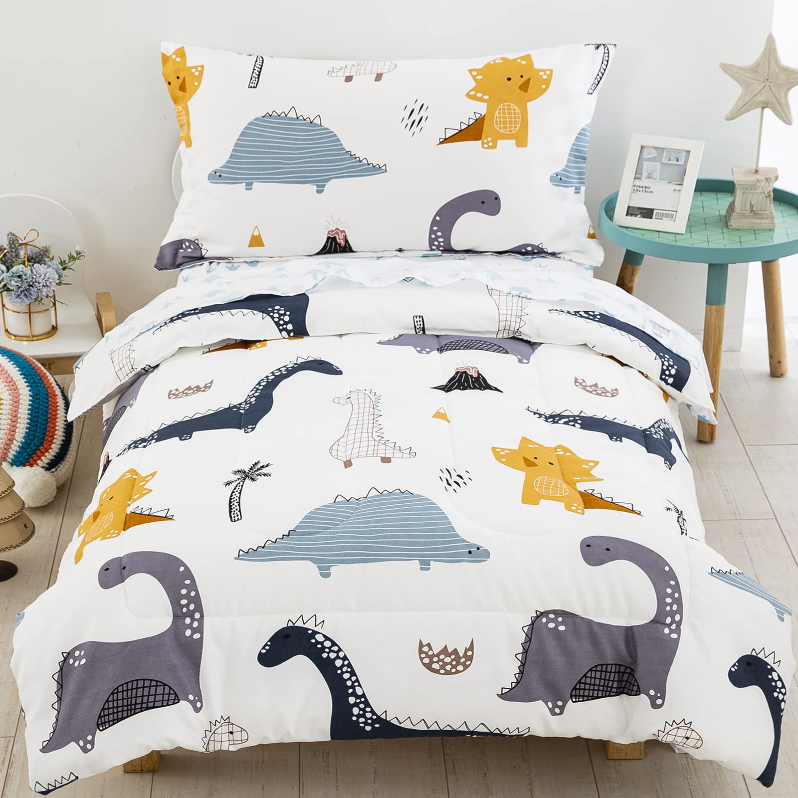 Wongs Bedding Dinosaur Toddler Bedding Set Ultra Soft Microfiber Toddler Comforter For Baby Girls Boys 4 Pieces Includes Comfort