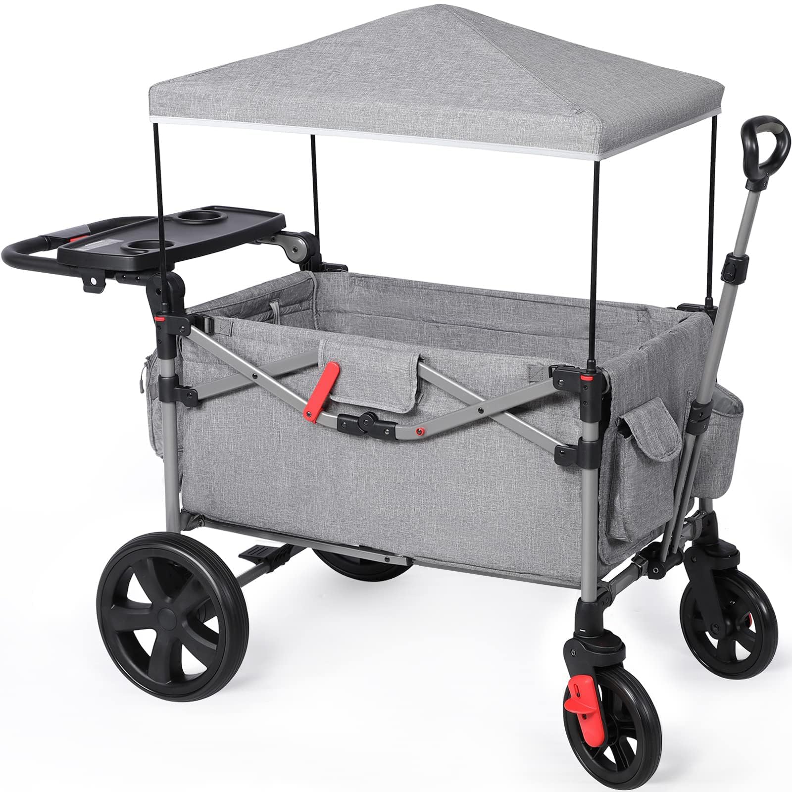 Ever Advanced Foldable Wagons For Two Kids & Cargo, Collapsible Folding Stroller With Adjustable Handle Bar,Removable Canopy Wit