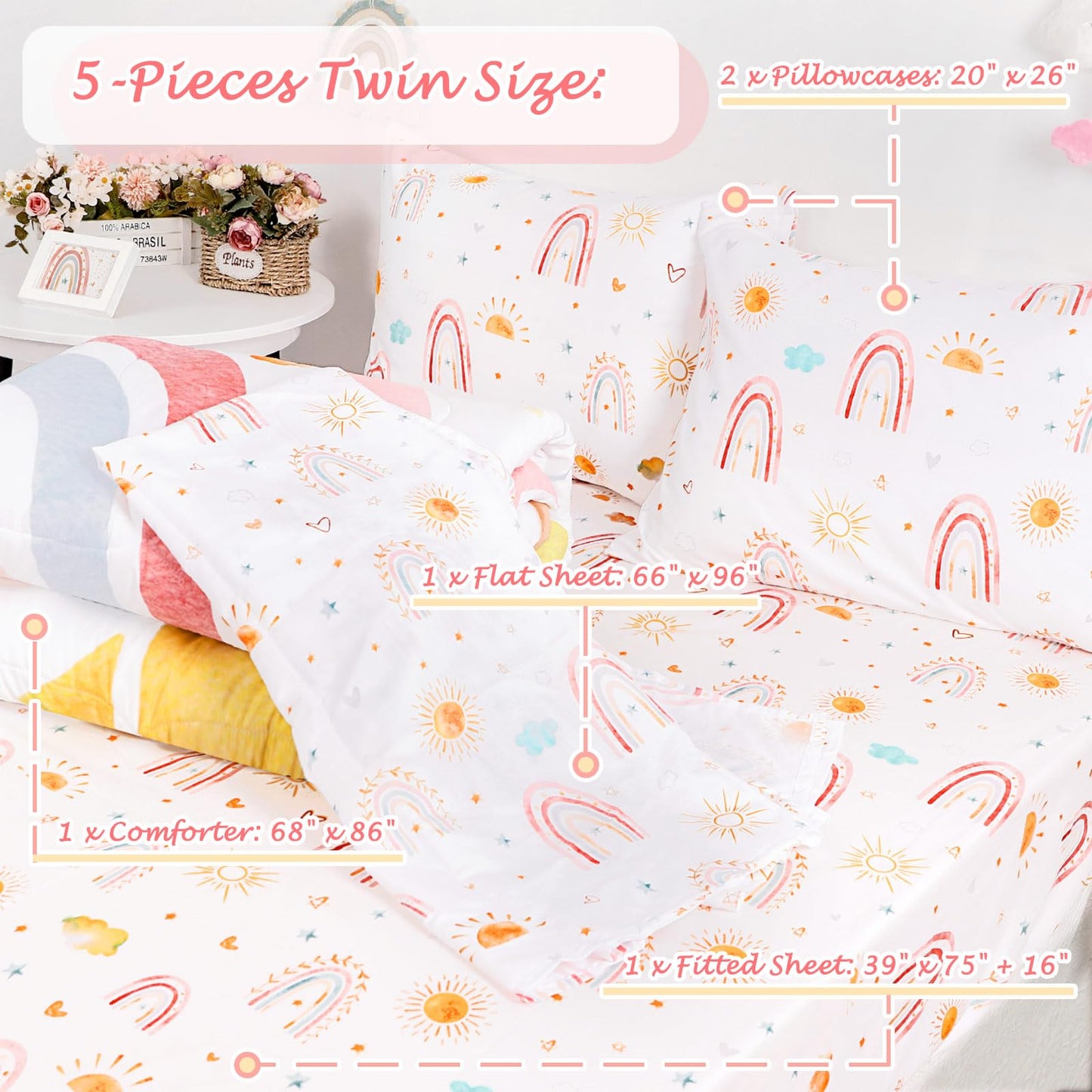 Caruili Twin Size Toddler Bedding Set For Girls- 5 Piece Rainbow Toddler Girl Bedding, Super Soft & Lightweight Toddler Comforte