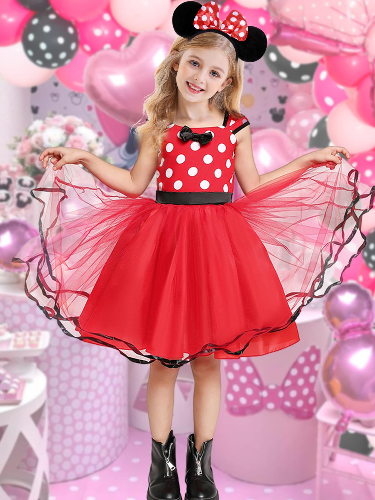 Eledobby Minnie Dress For Girls Princess Mouse Costume Birthday Party Polka Dots Tulle Tutu Dresses With Head Hoop Red 3-4T