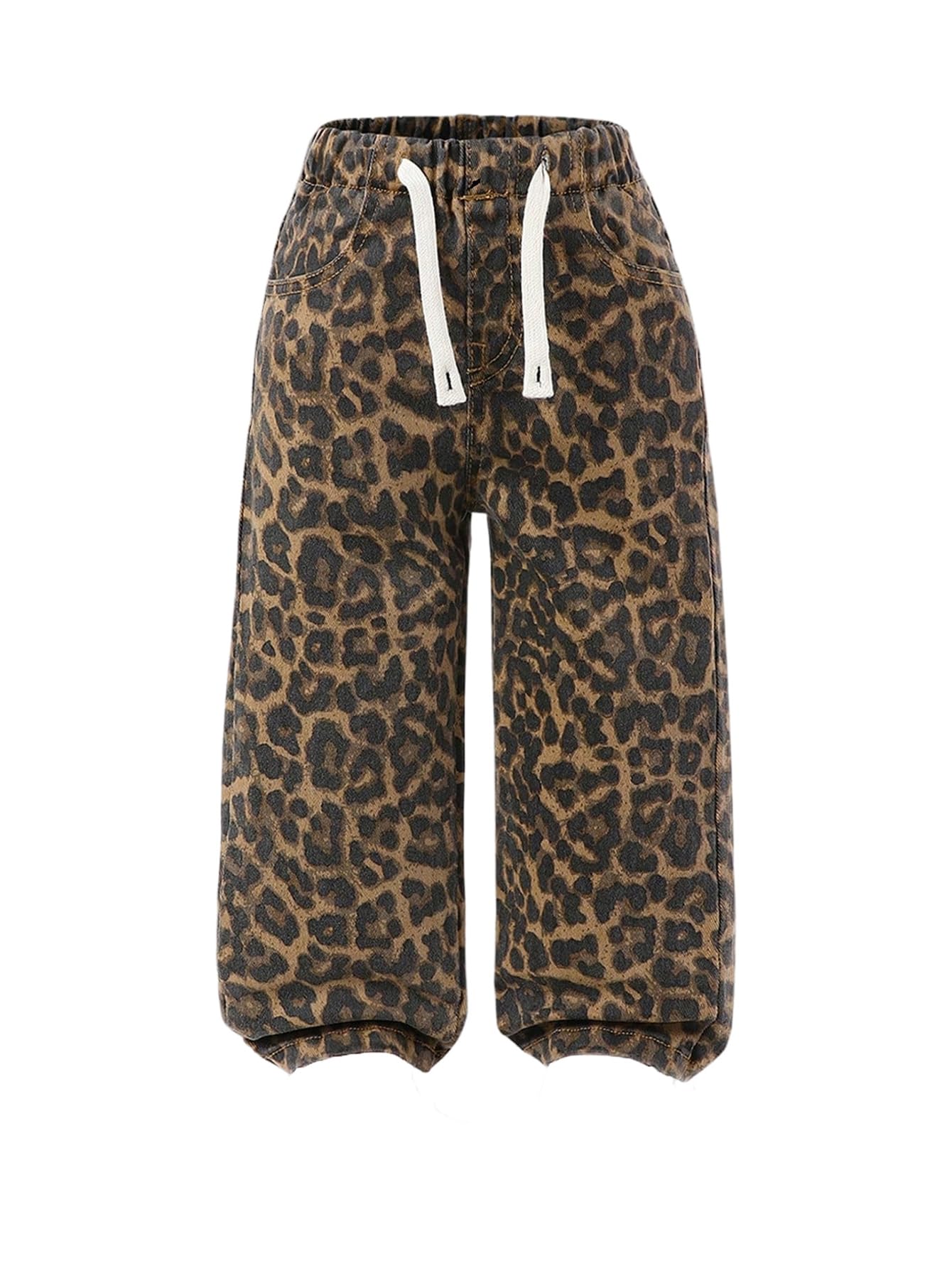 Verdusa Girls Leopard Print Wide Leg Jeans Drawstring High Waisted Denim Pants Baggy Trousers Brown 5Y