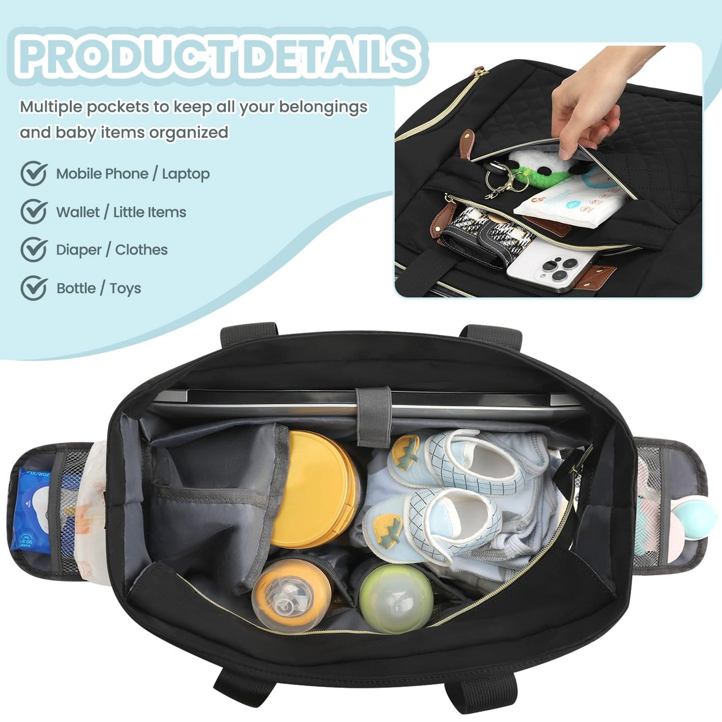 Pritent Diaper Bag Tote For Working Mom, Large Travel Diaper Tote For Mom And Dad With 15 Inch Laptop Sleeve, Mommy Bag Maternit
