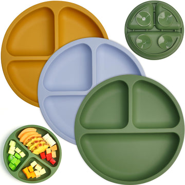 Little Rawr Suction Plates For Babies & Toddlers, 3 Pack Divided Toddler Plates-Food Grade Silicone/Bpa Free, Quadruple Suction