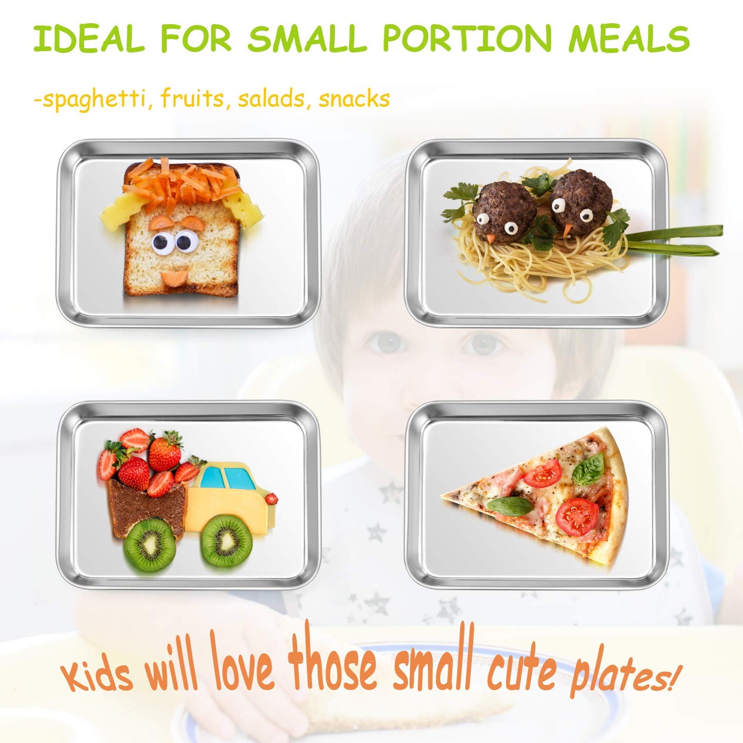 E-Far Stainless Steel Kids Plates, 4 Pieces Small Metal Dinner Dish Set For Kids Toddler Child, 9.4    X 7.3    X 1   , Non-Toxi