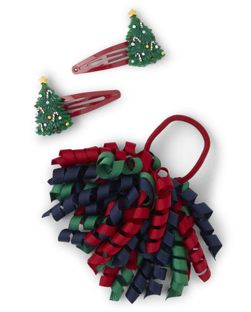 Gymboree,Toddler And Baby 3-Pack Snap Clips & Tie Hair Accessories,Christmas Tree,One Size