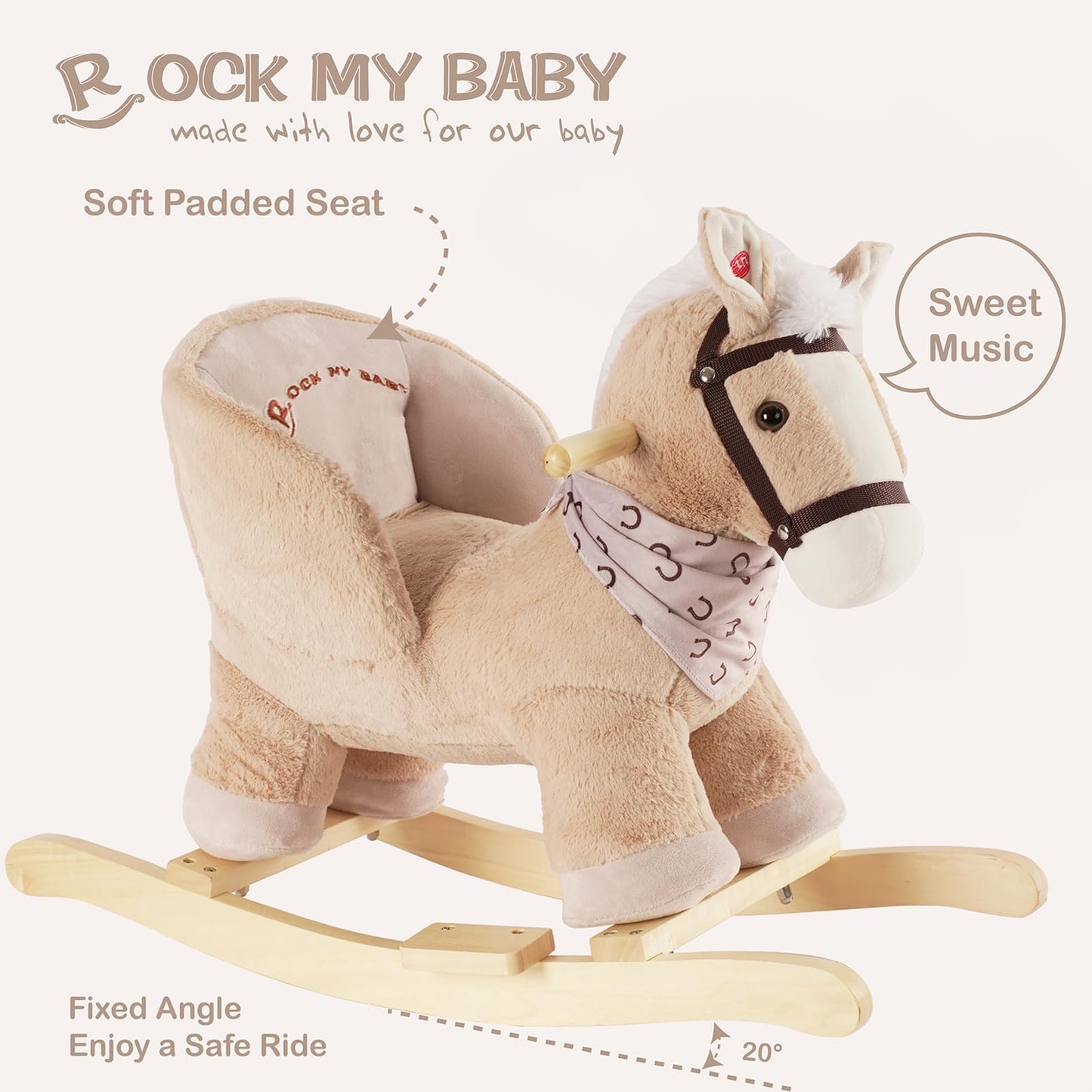 Rock My Baby Rocking Horse, Baby Animal Rocking Horse with Seat, Ride on Horse, Plush Rocking Horse with Realistic Sound, Wooden
