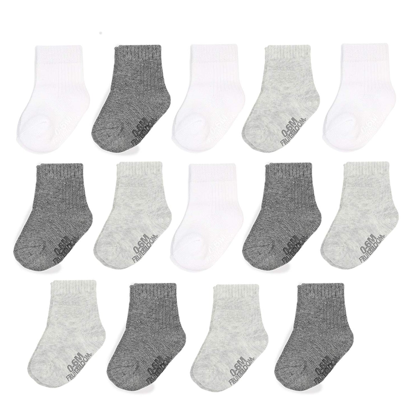 Fruit Of The Loom Baby 14-Pack Grow & Fit Flex Zones Cotton Stretch Socks - Unisex, Girls, Boys (6-12 Months, Grey)