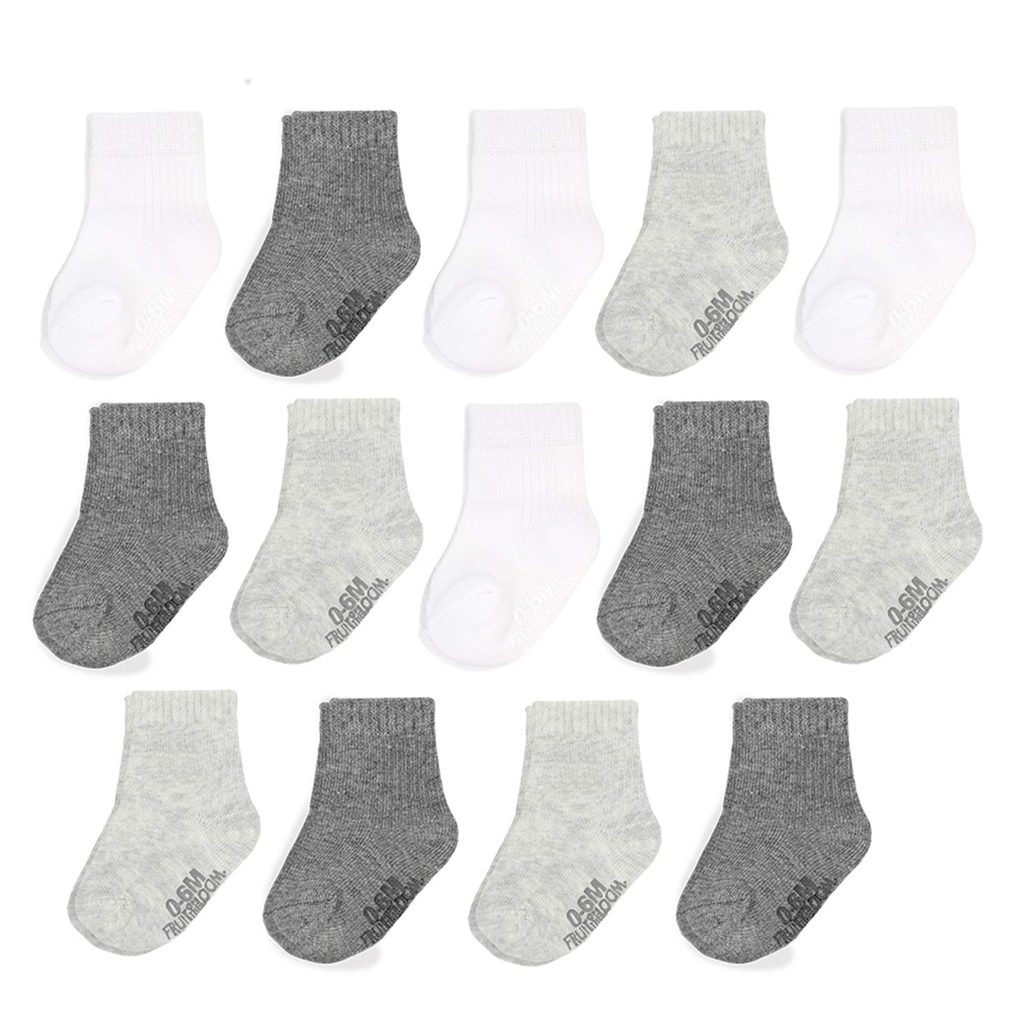 Fruit Of The Loom Baby 14-Pack Grow & Fit Flex Zones Cotton Stretch Socks - Unisex, Girls, Boys (0-6 Months, Grey)