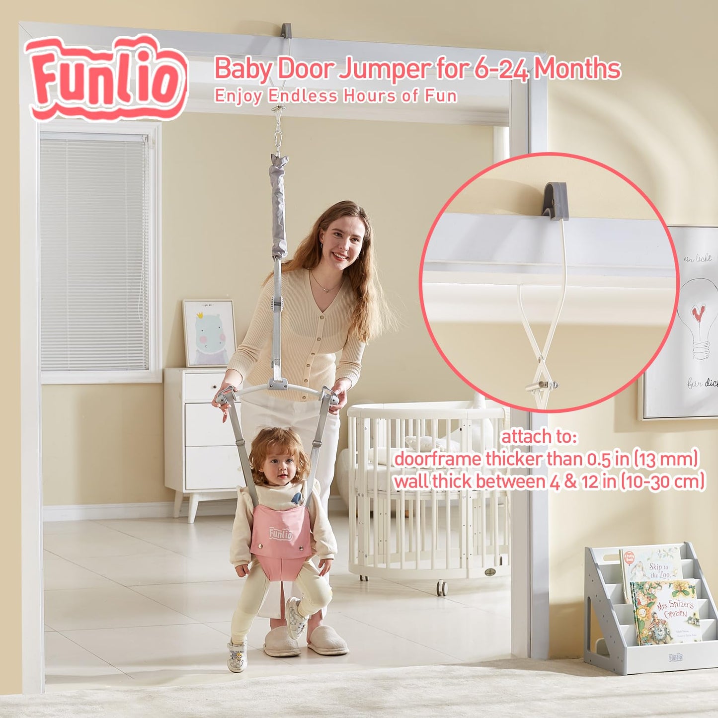 Funlio Baby Door Jumper For 6-24 Months (With Door Clamp), Baby Jumper Doorway With Strong Spring & Adjustable Strap, Portable I