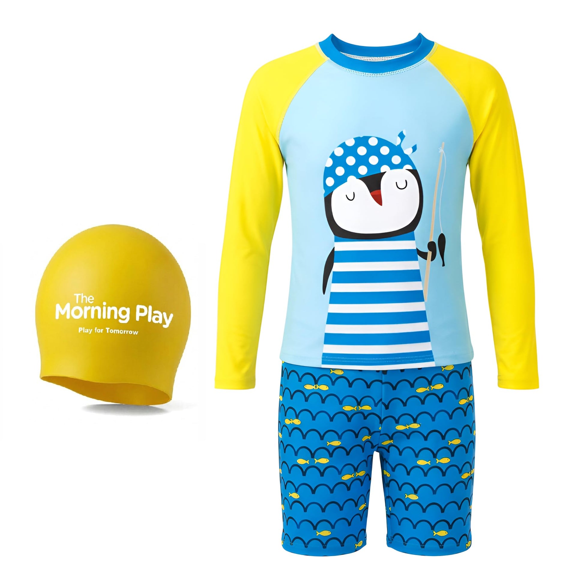 The Morning Play Kids Boys Swimming Costume Set, TShirt, Shorts And Cap, 3Piece (In, Age, 10 Years, 11 Years, Regular, Dino Bl