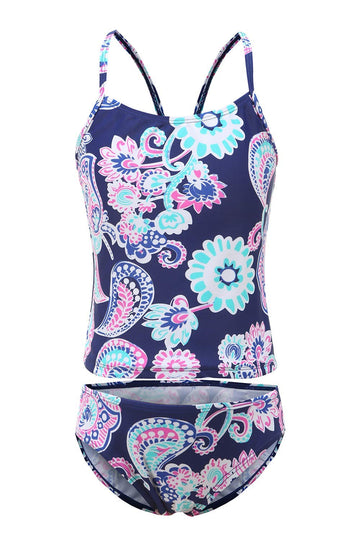 Girls Two Piece Tankini Swimsuits Hawaiian Floral Swimwear Kids Beach Bathing Suit Set Purple Size 14/14-16