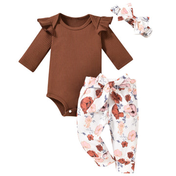 Aalizzwell 3-6 Months Infant Baby Girls Fall Clothes Ribbed Long Sleeve Floral Thanksgiving Outfit Brown