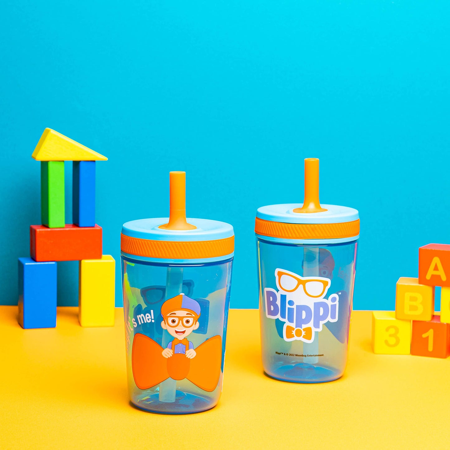 Zak Designs Blippi Kelso Toddler Cups For Travel or At Home, 15oz 2-Pack Durable Plastic Sippy Cups With Leak-Proof Design is Pe