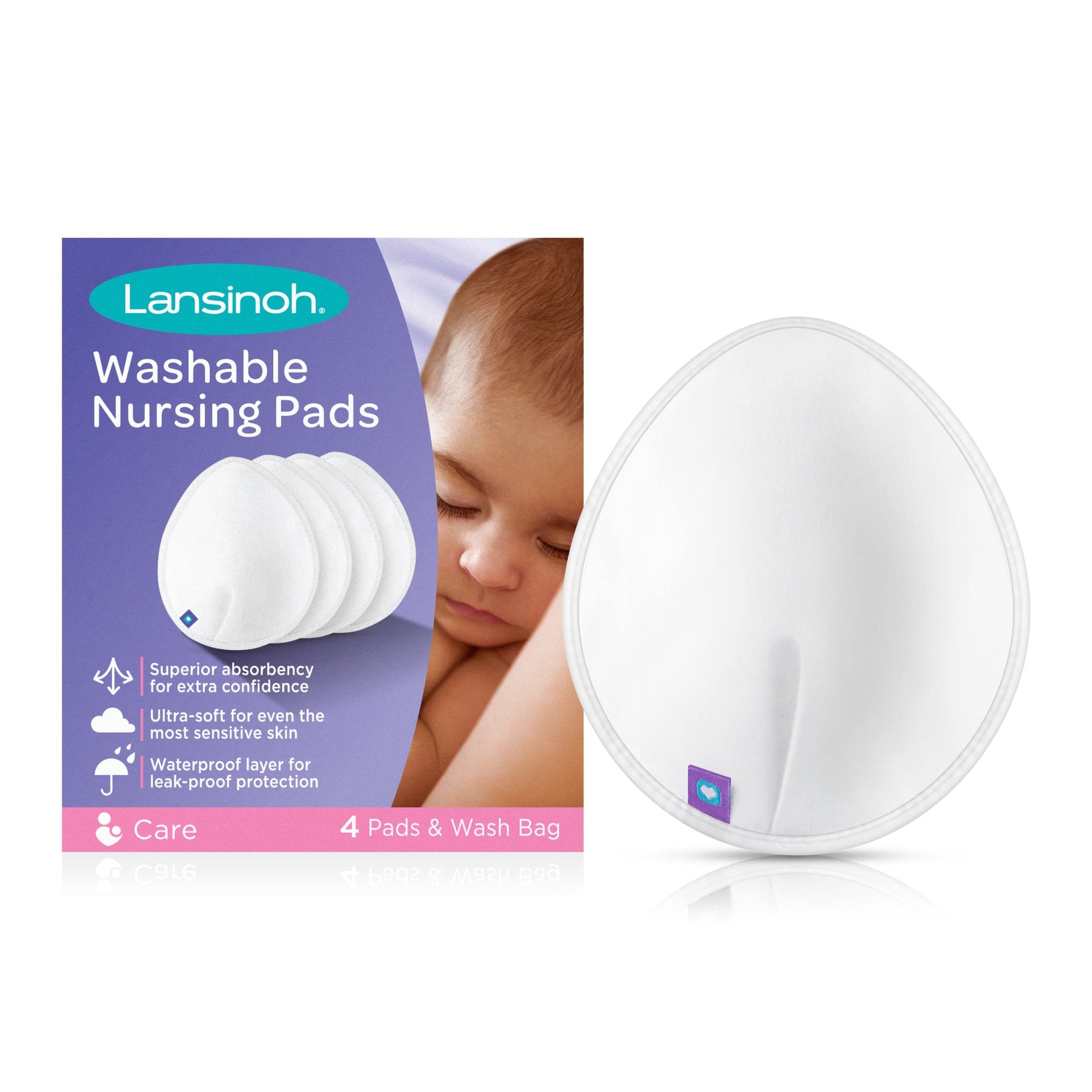 Lansinoh Reusable Nursing Pads For Breastfeeding Mothers, 4 Absorbent Washable Pads, White, Includes Mesh Wash Bag