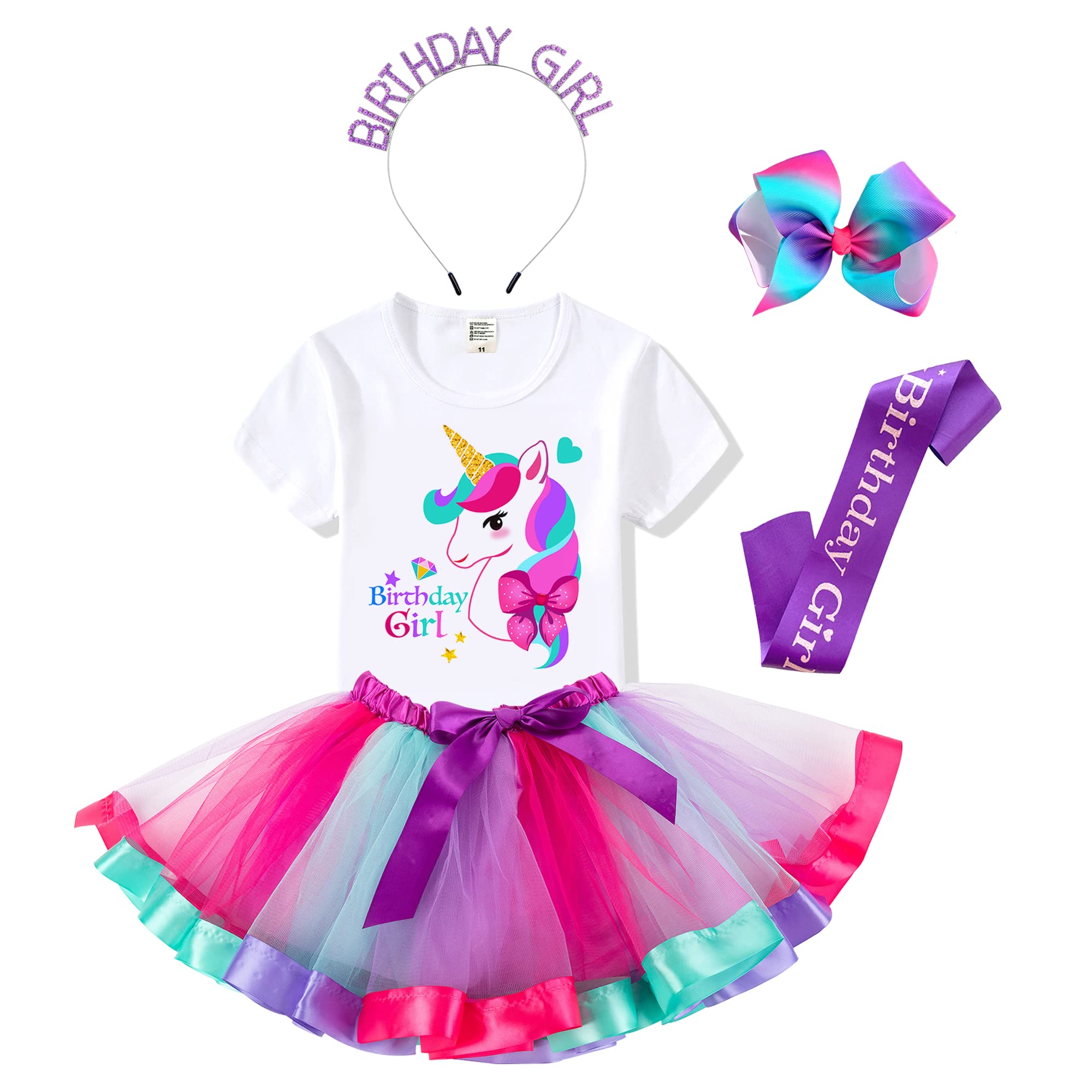 Birthday Girls Costume - Headband, Shirt, Tutu Skirt Dress, Satin Sash - Unicorn WBBAPB0BYV2BWGZ