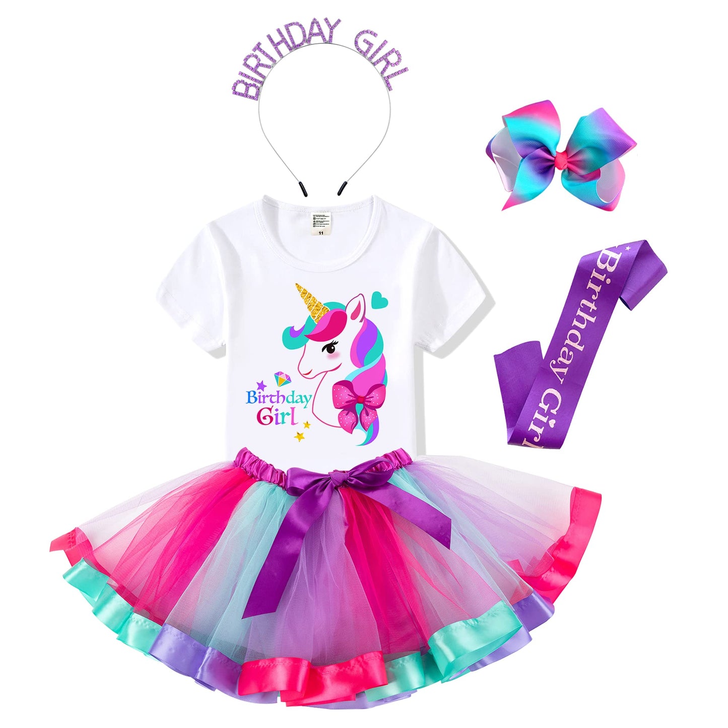 Birthday Girls Costume - Headband, Shirt, Tutu Skirt Dress, Satin Sash - Unicorn Gifts For Girls (Tt74, 9-10 Years)