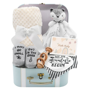 Fvntuey Baby Shower Gifts, Baby Boy Gifts Basket Includes Newborn Blanket Baby Lovey Security Blanket Wooden Rattle Toy, Funny B