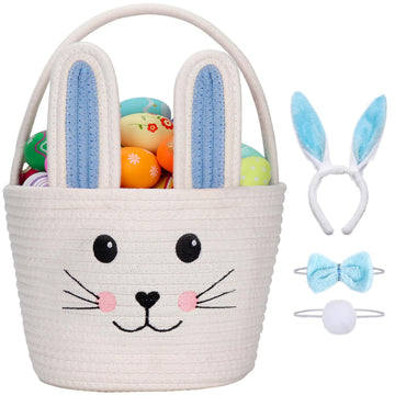 Magibag Easter Baskets for Kids Cute Bunny Egg Hunt Basket Bags with Bunny Ears Headband Bow Tie Tail Set (Blue)