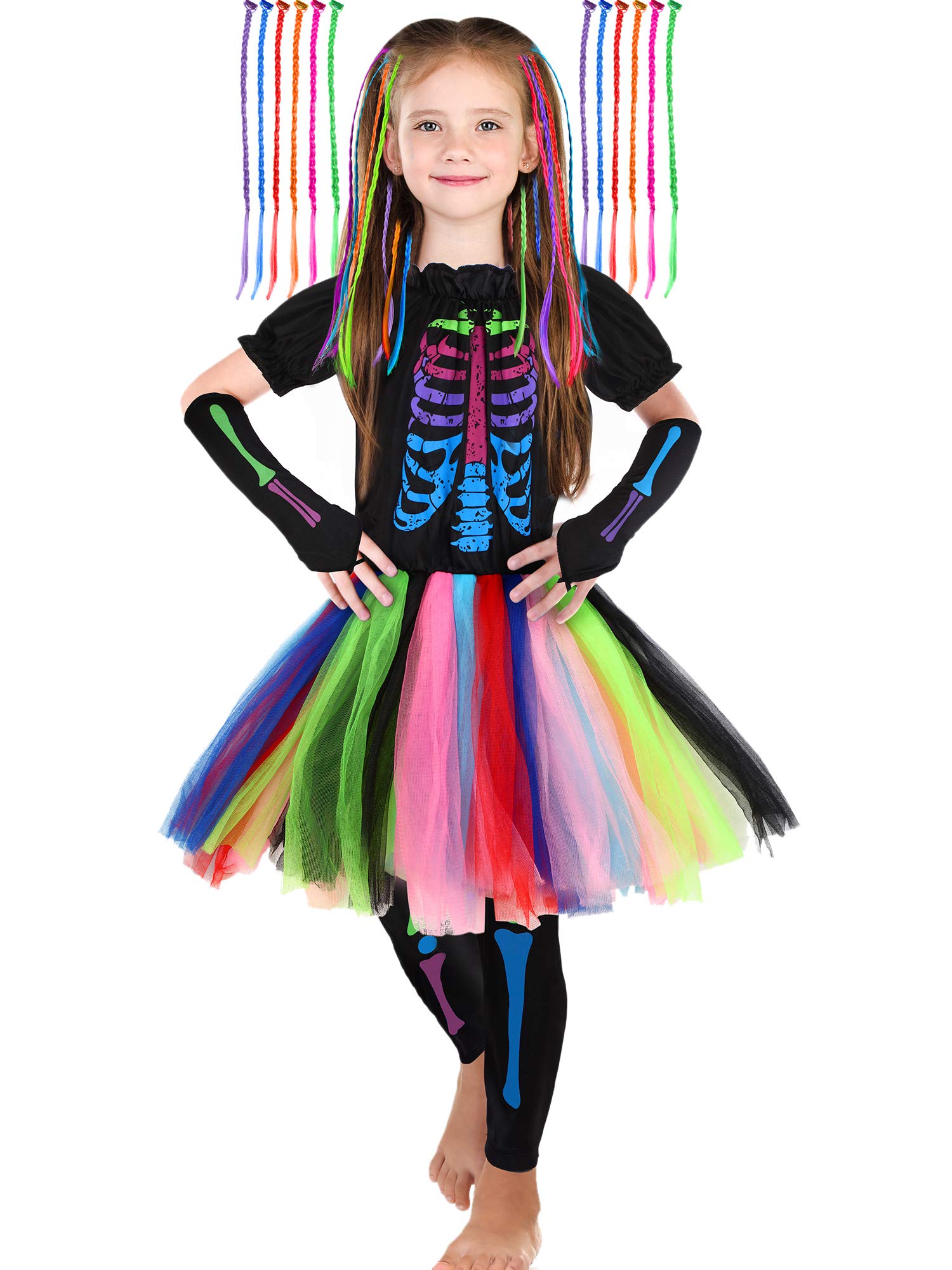 SATINIOR Girls Funky Skeleton Bones Costume Set with 12 Pieces Hair Extensions for Halloween (Medium)