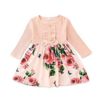 Patpat Toddler Girl'S Floral Dress Ribbed Bowknot Long-Sleeve Spring Rose Valentine Dresses Pink 3 Years