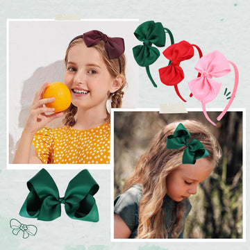 White Bow Headband & 2 Pcs 4 Inch Hair Bows Set, Back School Hair Accessories For Little Toddler School Girls (White)