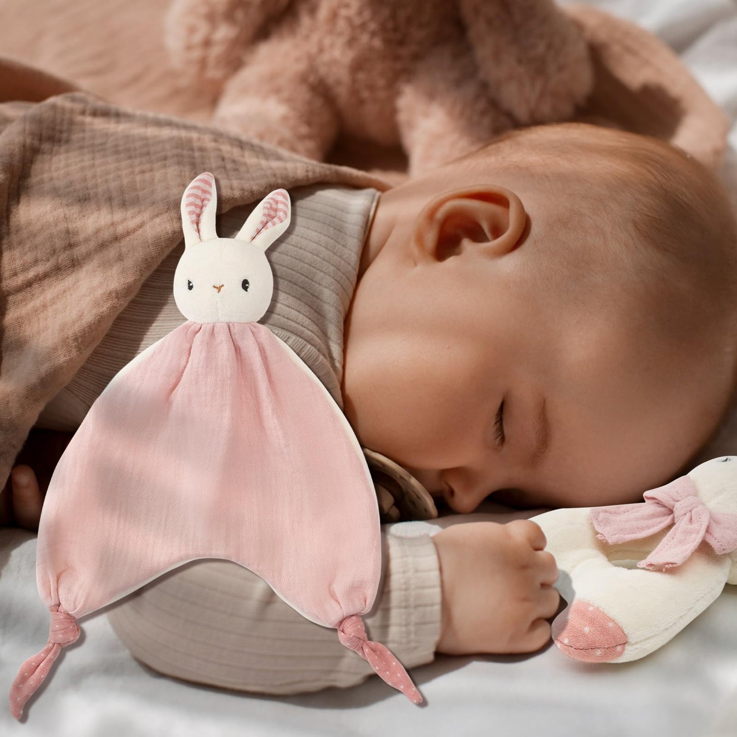 CUDDLE CORNER Organic Cotton Stuffed Animal Rattle Baby Toys, Plush Bunny Cuddle Cloth and Hand Grip Ring Rattles Plush Toy Set