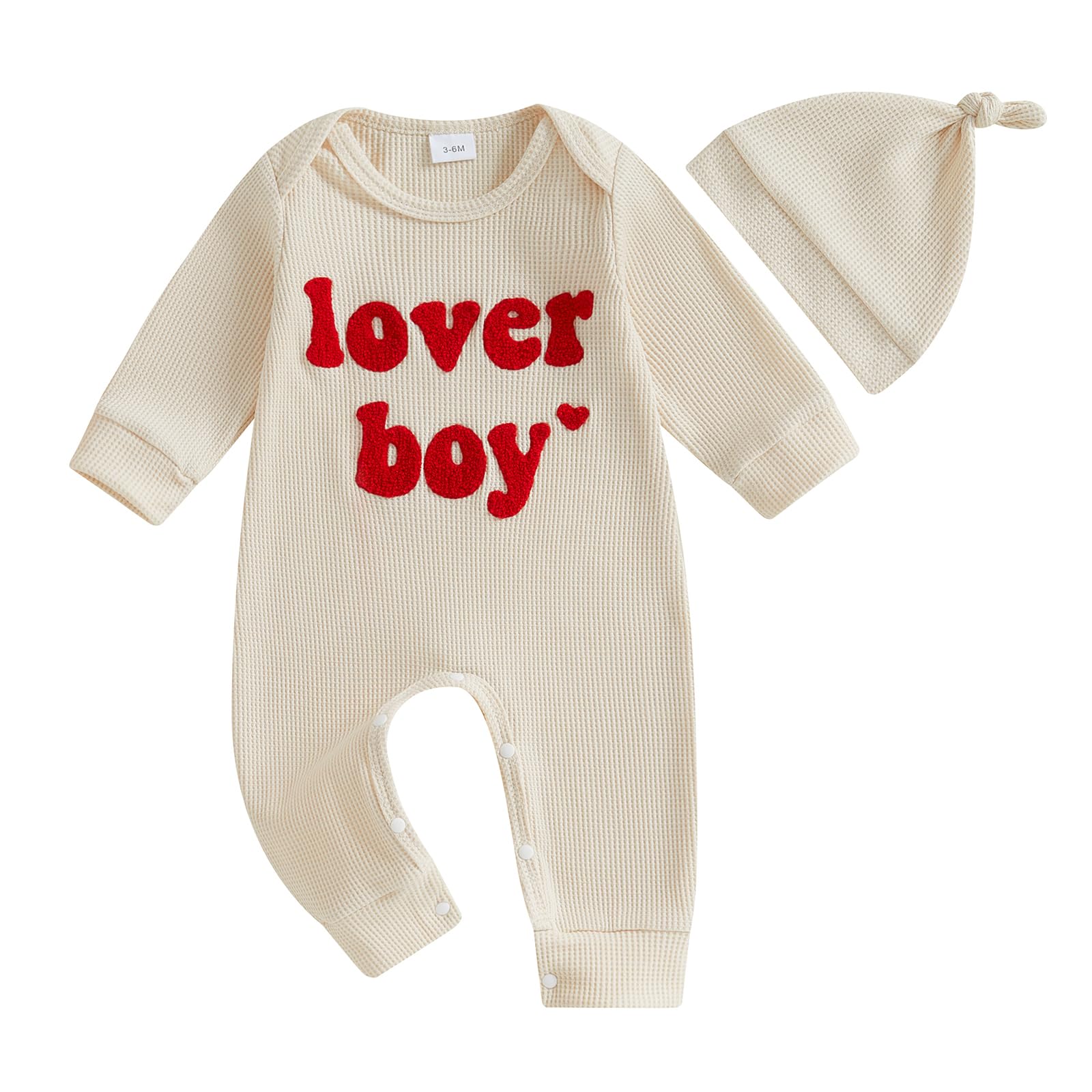 Ktwharnu Newborn Baby Boy Valentines Day Outfit Letter Embroidery Waffle Knit Romper Jumpsuit Long Sleeve Knit Bodysuit Hat (A-A