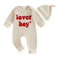 Lesimsam Newborn Infant Baby Boy Valentines Day Outfit Letter Embroidery Long Sleeve Waffle Knit Romper Jumpsuit With Hat(Aprico